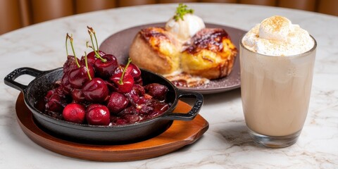 Cherry Jubilee & Frappe Toast Concept. Delicious desserts with cherries and a creamy drink on a table.