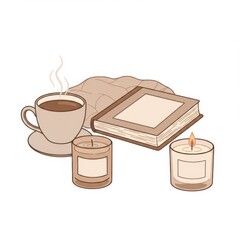 Beige Cup of Steaming Coffee with Book Blanket and Burning Candles Still Life