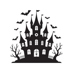 Silhouette of a haunted castle with bats flying around it, isolated on white background technology background