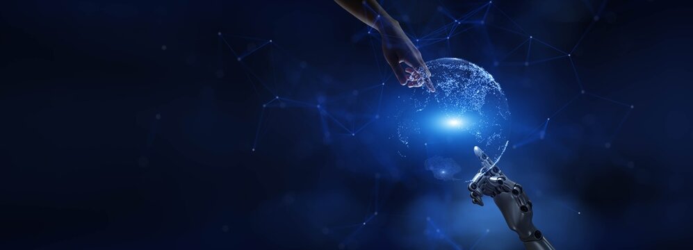 Human and AI Collaboration Depicted in a Digital Network Environment.