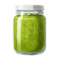 Close Up of Green Pesto Sauce in a Glass Jar with a White Lid on White