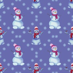 Seamless winter pattern with watercolor snowmen in hats and scarves and snowflakes on purple blue background