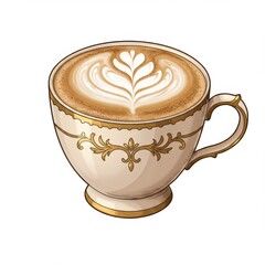 Detailed Latte Art in an Ornate Cup Isolated on White Background Coffee Time