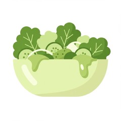 Fresh Green Salad in Bowl with Cucumber Onion and Dressing Isolated on White