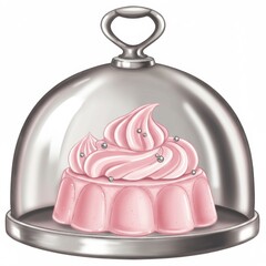 Elegant Pink Meringue Dessert Under a Silver Dome Cover on White Background