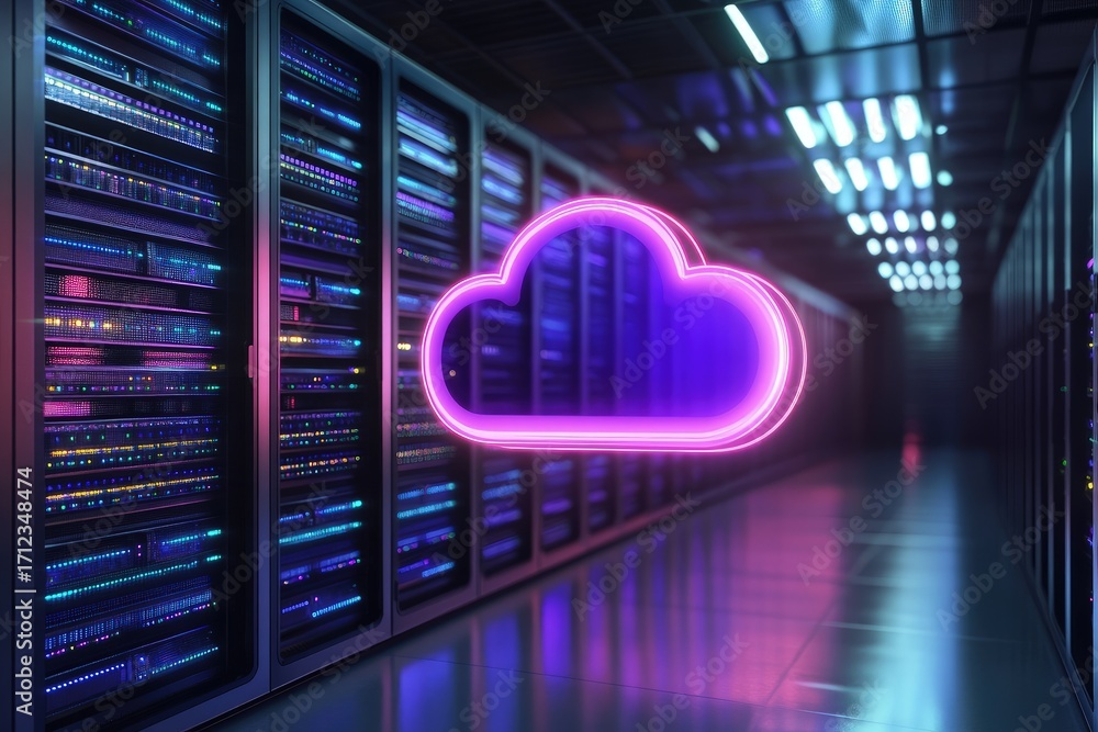 Poster cloud server room with glowing neon cloud icon representing it infrastructure, ai computing, data st