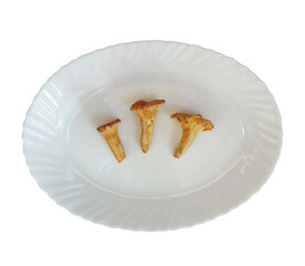 Three Chanterelle Mushrooms on a White Plate Against a Transparent Background