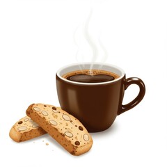 Dark Coffee in a Brown Cup with Biscotti Cookies on a White Background