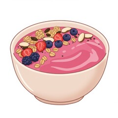 Pixel Art Bowl of Pink Smoothie with Berries Granola and Nuts on White