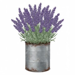 Blooming Lavender in Rustic Tin Can Floral Arrangement on White Background
