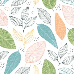 Fototapete Der Raum Muster  Abstract art vintage colors tropical line art leaves seamles background vector. Wallpaper design with leaves shapes and scribble doodle linear leaf.   © Rendy Dastian