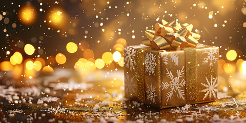 Elegant golden gift box with snowflake pattern and festive bokeh lights, perfect for holiday celebration.