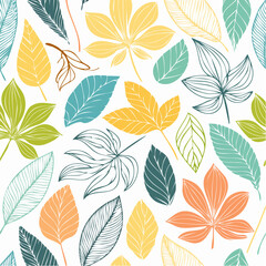 Abstract art vintage colors tropical line art leaves seamles background vector. Wallpaper design with leaves shapes and scribble doodle linear leaf. 