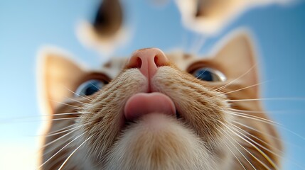 Close-up view of ginger cat's nose and whiskers against blue background, looking up with curious expression and bright blue eyes, showing detailed facial features.