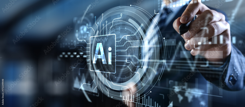 Aufkleber artificial intelligence technology and global business strategy concept with digital interface.
