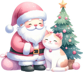 Cute Santa Claus with Cat and Christmas Tree Illustration