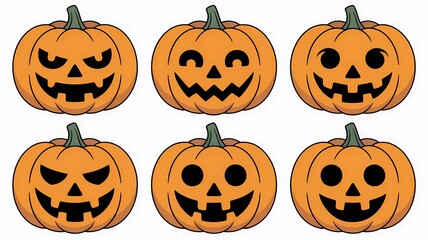 Illustration of set of six halloween pumpkin faces with different expressions isolated on white background
