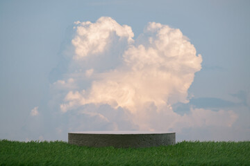 Concrete podium table top in outdoor on blue sky pink clouds background.Beauty cosmetic product placement pedestal modern stand display,surreal paradise dreamy concept.