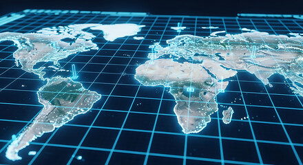 World map projection with glowing continents and blue grid lines on a dark background view from above ai generated