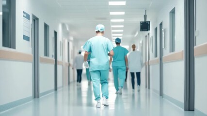 Medical professionals in motion: busy hospital corridor with healthcare workers