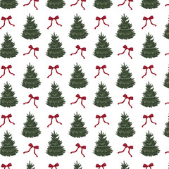 Fototapeta premium Seamless Christmas pattern with fir trees and red bows, festive holiday design, xmas decoration, winter background for wrapping paper, textiles, fabric and wallpaper