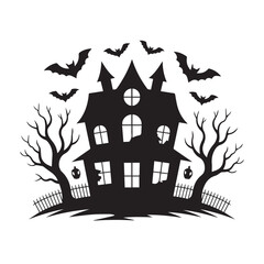 Silhouette of a spooky haunted house with bats flying around, isolated on white background technology background