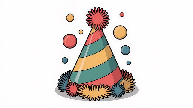 Illustration of a colorful party hat isolated on white background, adorned with stripes and pompoms, surrounded by floating confetti, perfect for celebration - Powered by Adobe