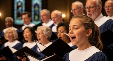Choir of children and adults singing joyfully on stage.