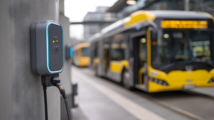 Electric bus station with charging unit in a modern city during a cloudy day