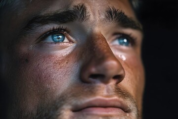 Close-up of a young man with bright blue eyes showing deep emotion in a dimly lit room