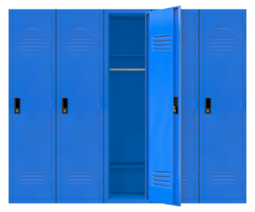 Front view empty five blue lockers in the high school. The door opens on the middle locker isolated