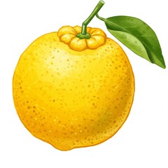 Vibrant Yellow Yuzu Citrus Fruit with Green Leaf on a White Background