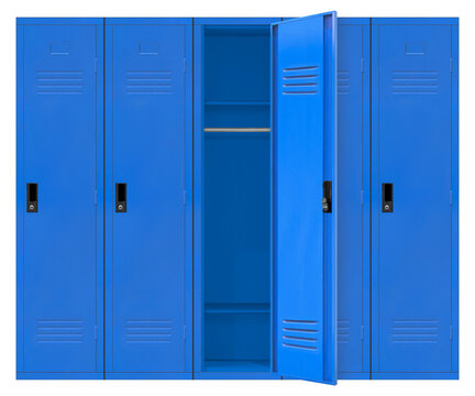 Front view empty five blue lockers in the high school. The door opens on the middle locker isolated