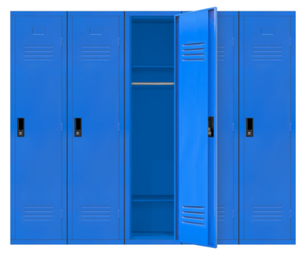 Front view empty five blue lockers in the high school. The door opens on the middle locker isolated