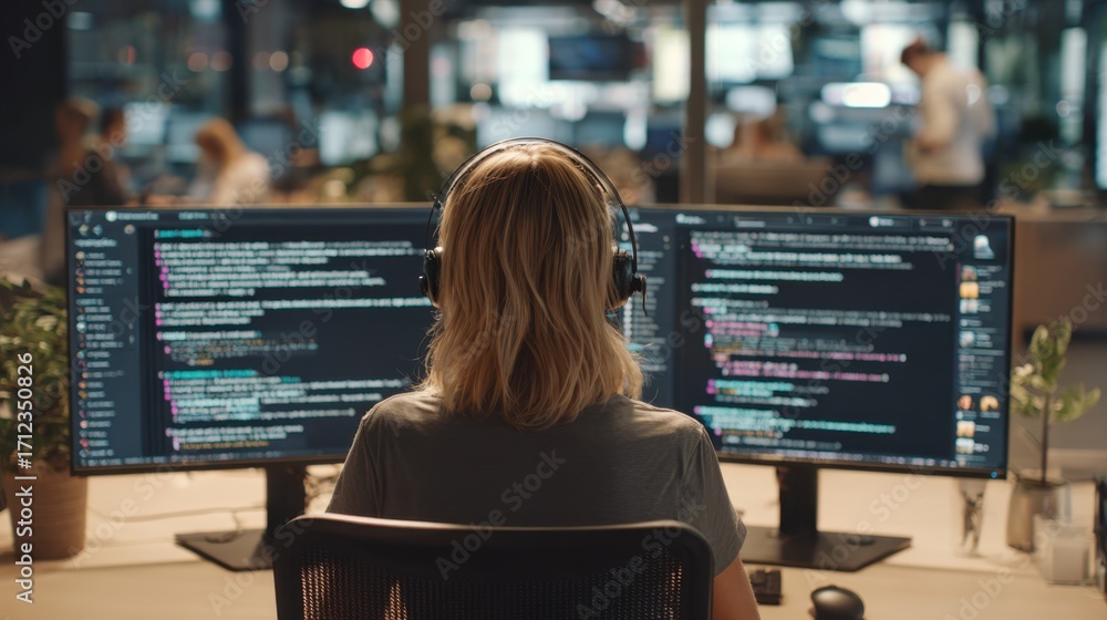 Poster medium shot of a customer service agent monitoring ai chatbot conversations on dual screens main foc