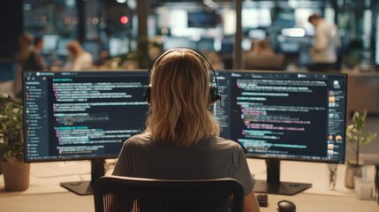 Medium shot of a customer service agent monitoring AI chatbot conversations on dual screens main focus on digital interface with blurred colleagues working in office behind.
