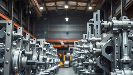 Naklejka premium Precisely arranged industrial metal components forming geometric patterns under overhead workshop lighting.