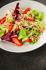 Quinoa salad tomato, green leaf salad vegetables dish natural product tasty snack fresh gourmet food background on the table rustic top view copy space keto and paleo diet vegan and vegan food