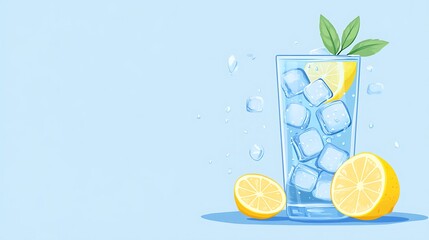 Refreshing Lemon Water Illustrated Glass with Ice, Lemon Slices, and Green Leaves on Blue