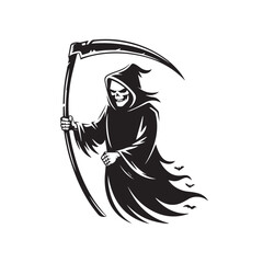 The grim reaper with a scythe, a dark figure of death, isolated on white background technology background