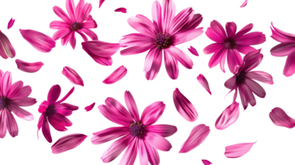 Stunning close-up photograph of vibrant pink daisy flowers and delicate petals floating across a stark black background suitable for multiple design purposes.