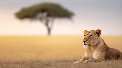 Lioness resting on ground under acacia tree in savanna landscape, symbolizing wildlife, nature and strength, with golden scenic background and wide copy space.