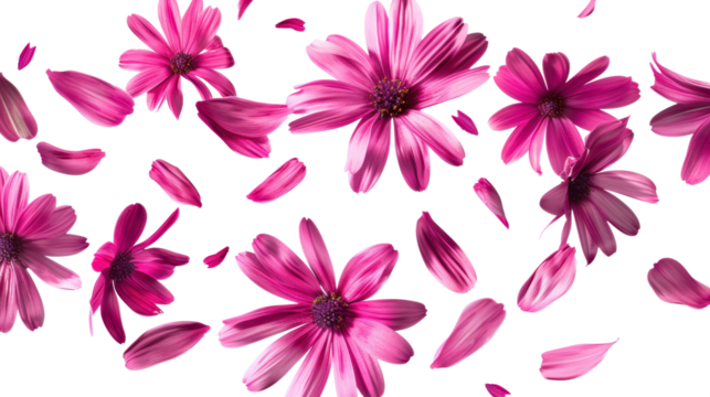 Stunning close-up photograph of vibrant pink daisy flowers and delicate petals floating across a stark black background suitable for multiple design purposes.