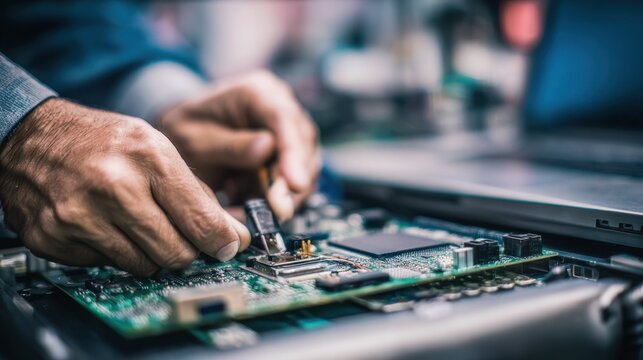 Focused shot of a motherboard being inspected and repaired technicians hands and circuit board clear against a softly outoffocus laptop interior.