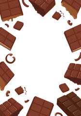 Chocolate vertical frame with chocolate bars and chip on white background. Vector hand drawn cartoon illustration for packaging design, menu labels, flyers and invitations with blank copy space