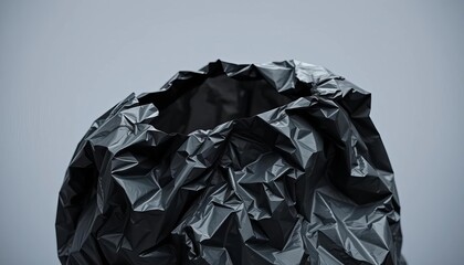 Crinkled black plastic grocery bag, partially open, recycle, close-up