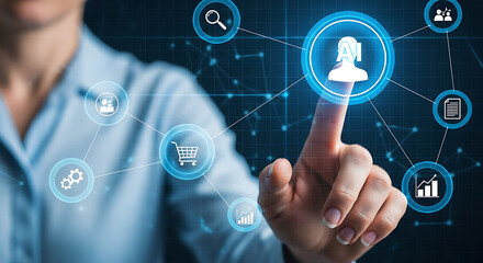 Person interacting with ai interface on digital screen with multiple connected icons around it ai generated