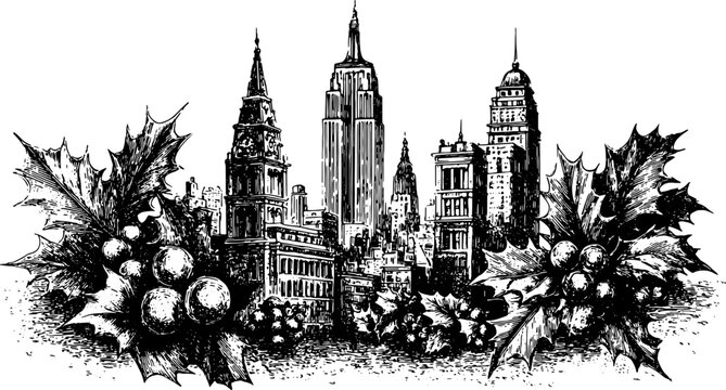 City skyline silhouette illustration with holiday decor. A black and white vintage vector set for Christmas decoration and design.