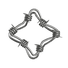 Punk rock influenced military style iron frame showcasing barbed wire design with noise and grain effects.