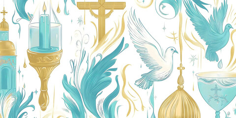 Naklejka premium A tranquil vector pattern featuring elegant Christian symbols, with graceful doves and ornate floral designs in rich blue and gold